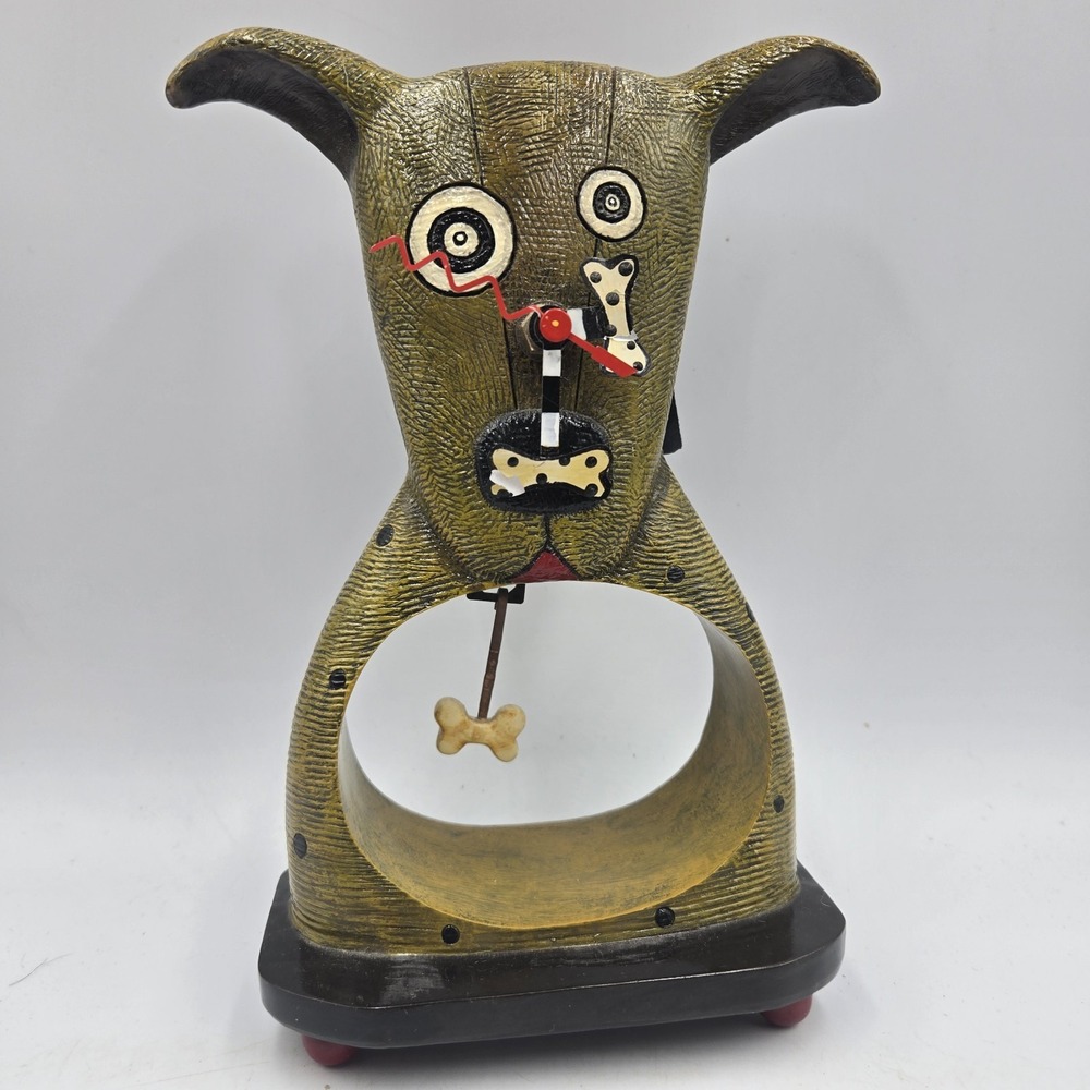 Vtg Whimsical Allen Designs Artist Dog Bone Pendulum Clock Mantle Free Standing